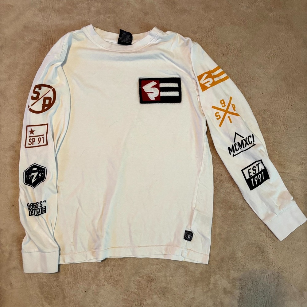 Southpole Men's Small Long Sleeve Shirt White Patch Logo Graphic Streetwear Top